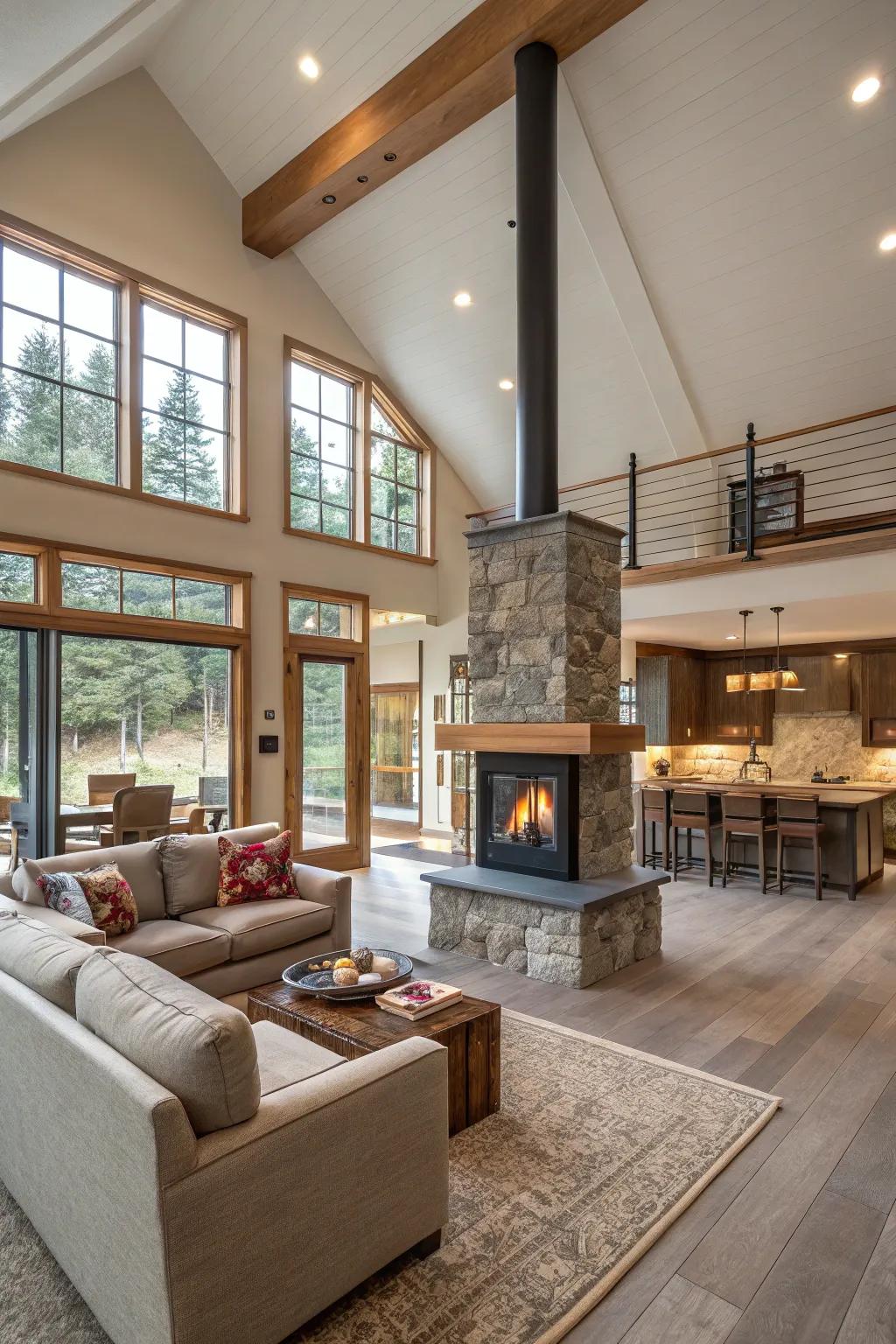 An open-layout space featuring a central fireplace that acts as a fashionable partition.