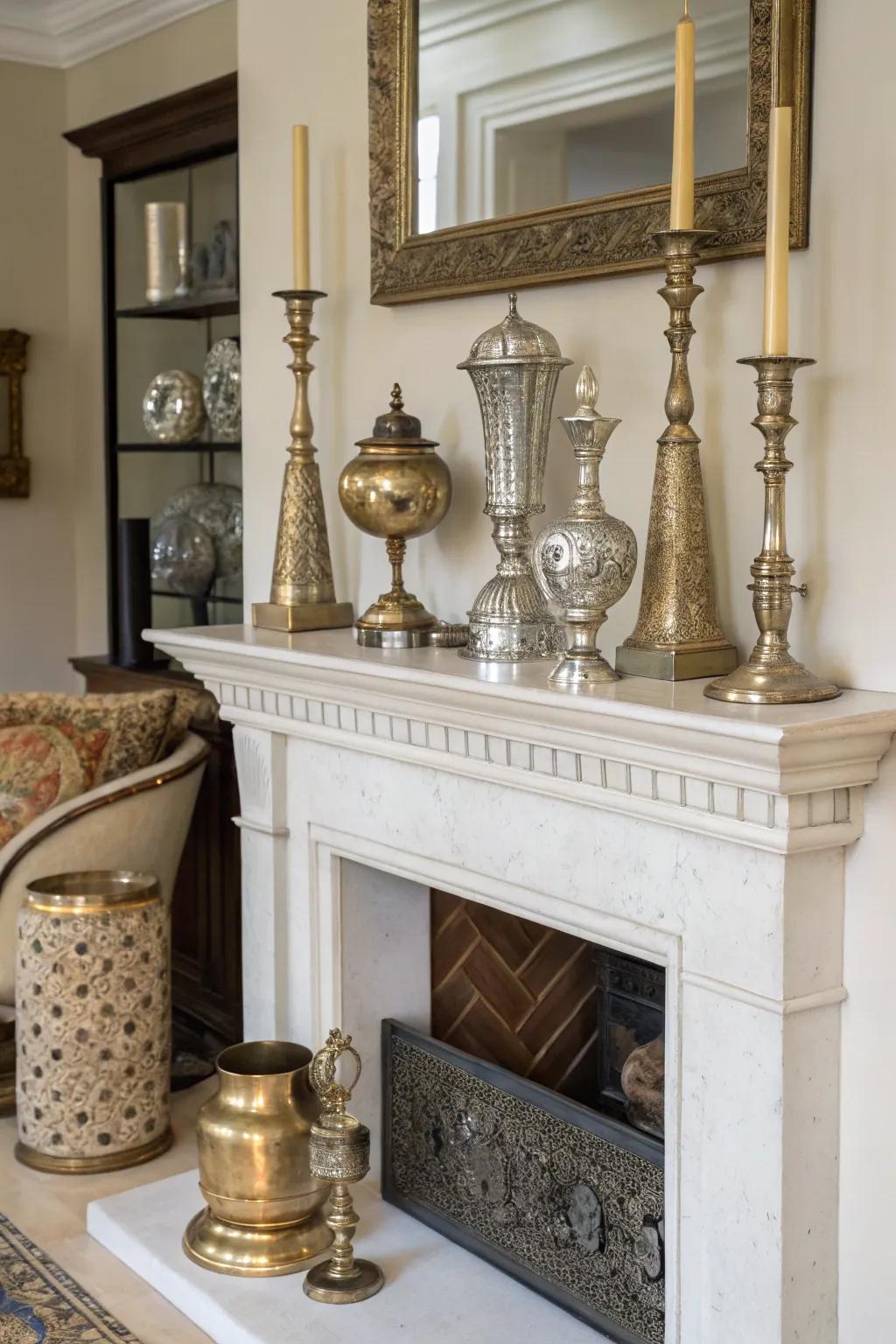A mantel with mixed metals adding shine and sophistication.