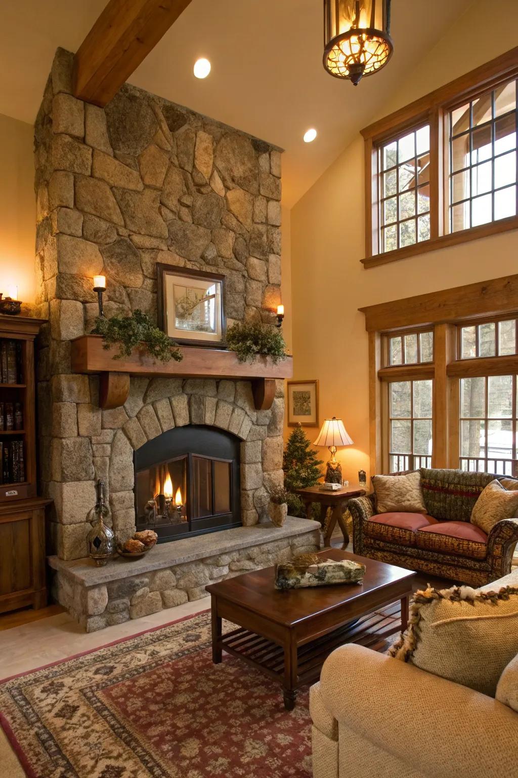 Stone trim brings a rugged, timeless sensation to your fireplace.