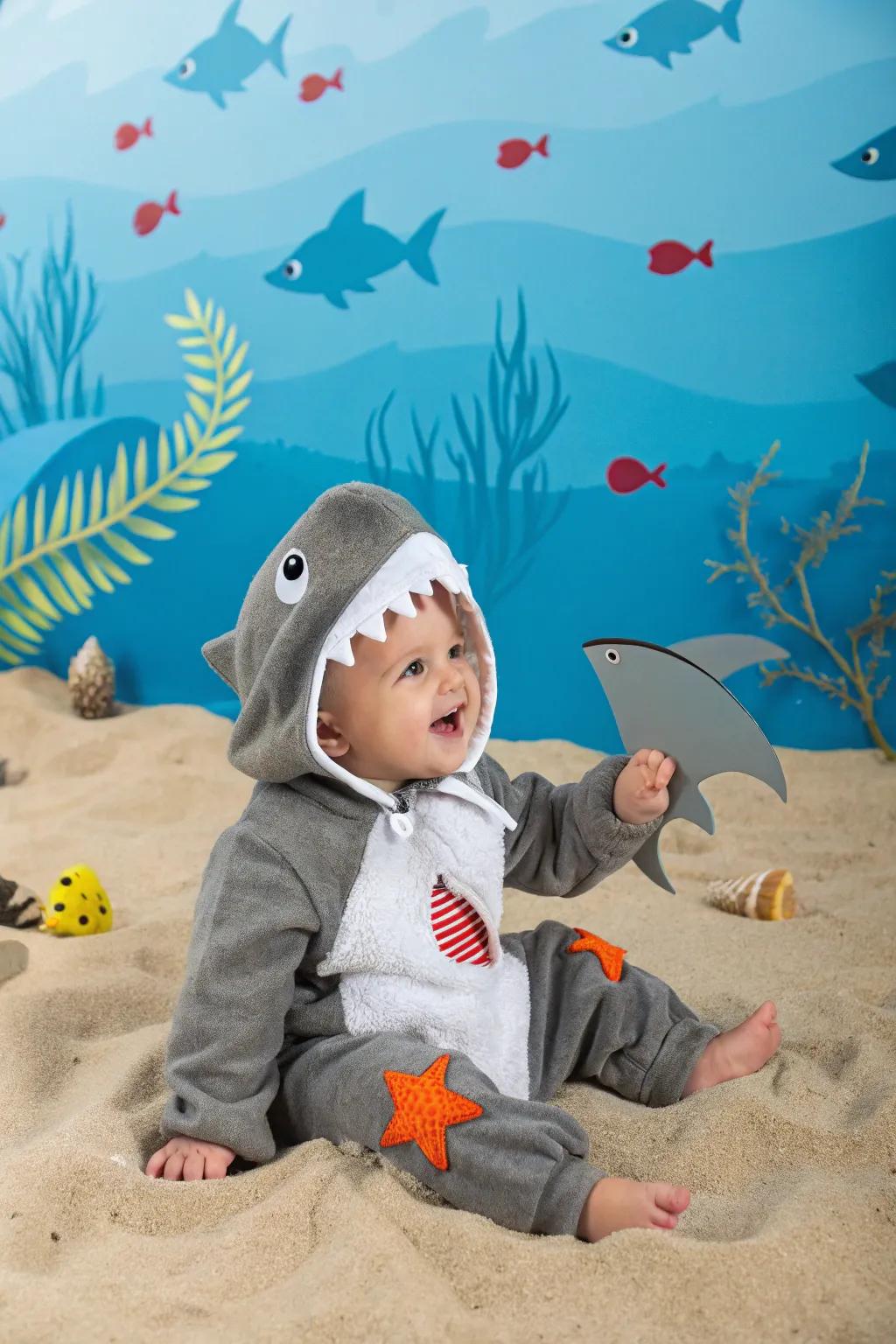 A playful baby sea predator costume for a splash of diversion.