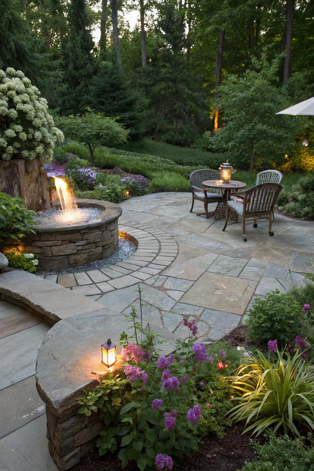 A tranquil flagstone patio enhanced by a water feature.