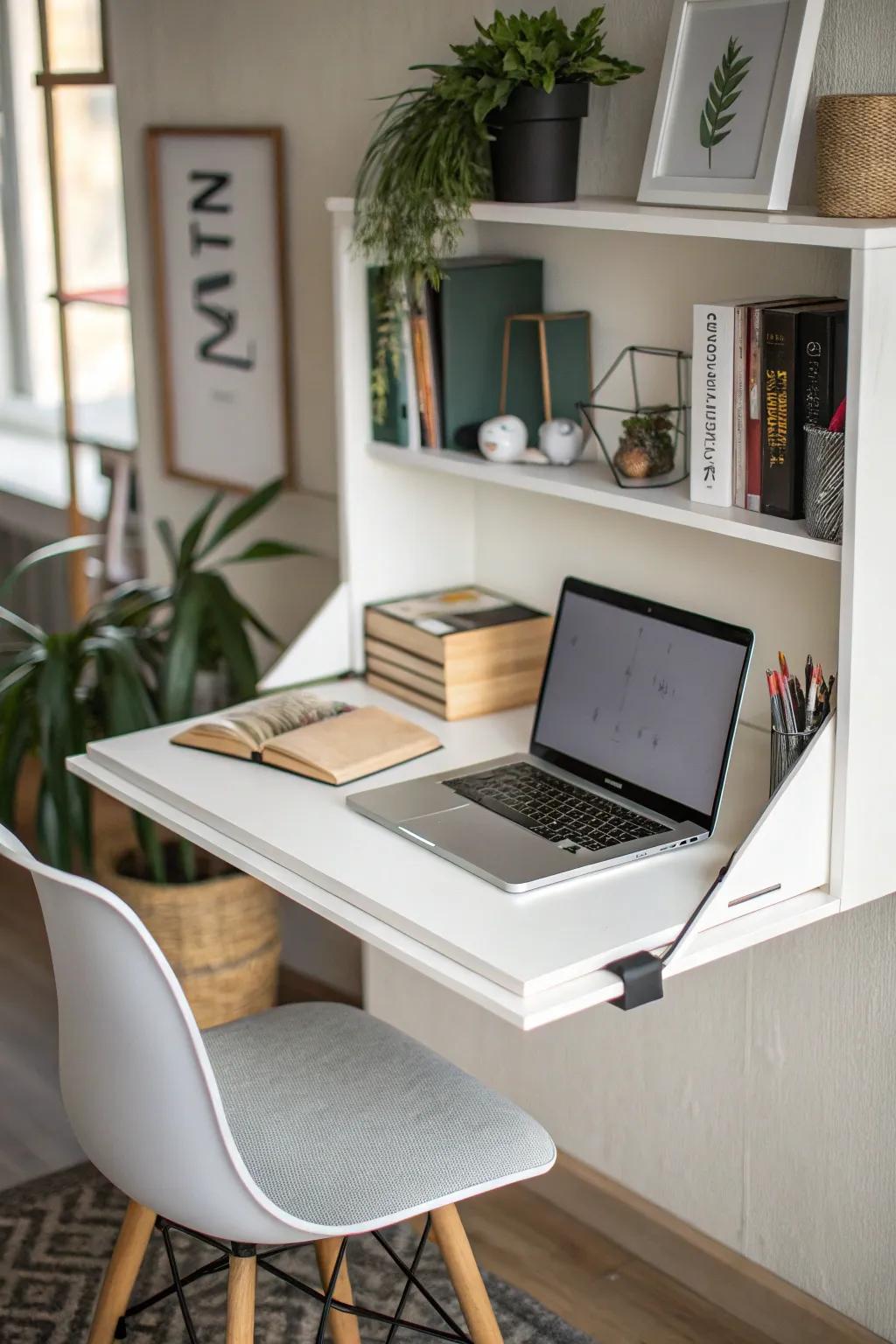 This innovative floating shelf doubles as a compact desk.