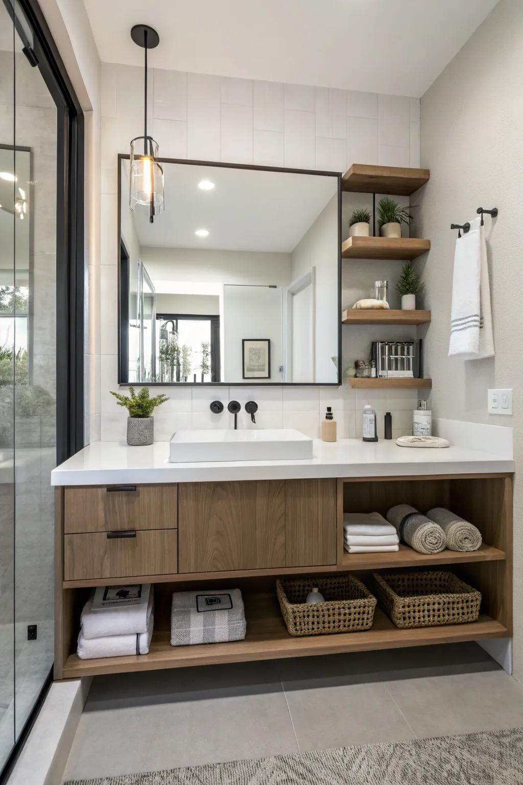A bathroom featuring a mounted vanity with open shelving for a modern and functional appearance.