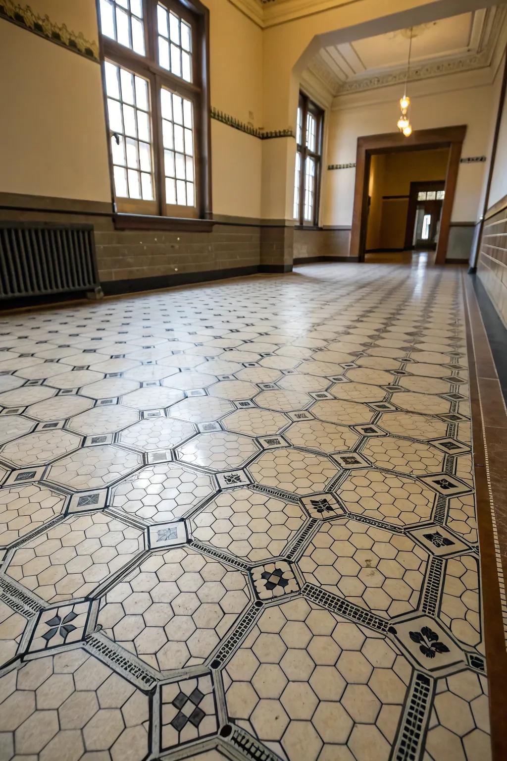 Hexagonal squares bring modern playfulness to floor designs.