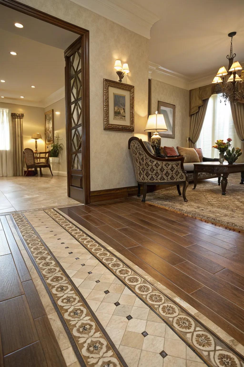 Embellishment border elevates and demarcates the floor connection.