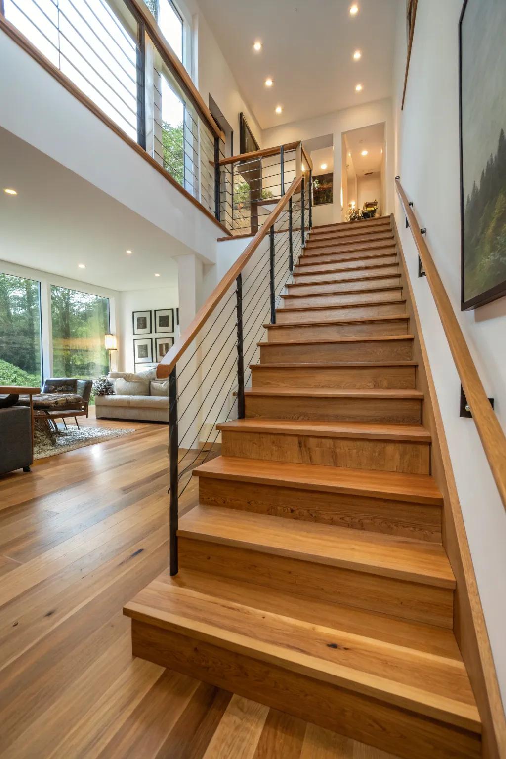 Layered wood stairs stand out with their unique grain and texture.