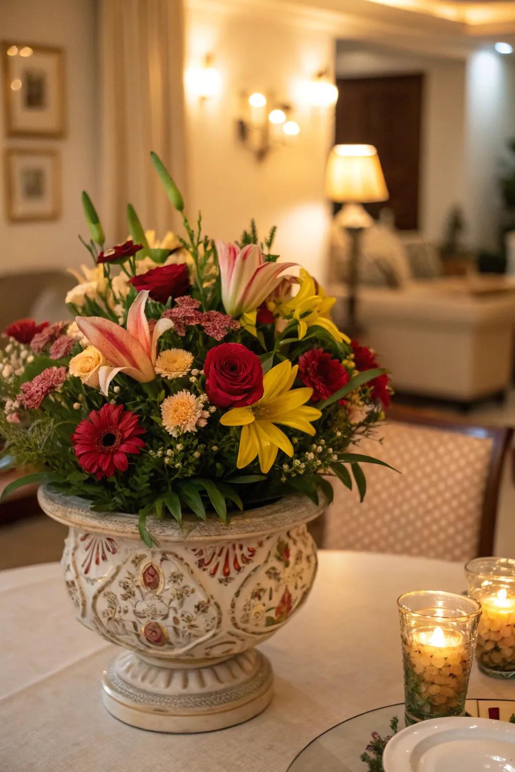 A floral centerpiece presented in an ornamental planter on a table.