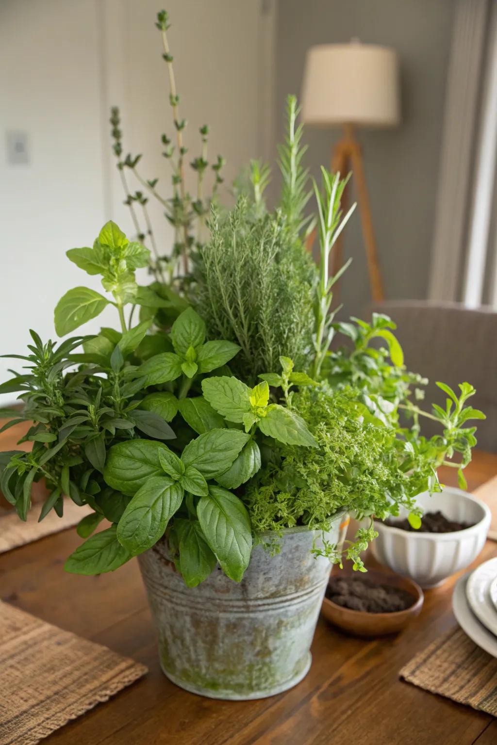 Fragrant herbaceous focal point, offering both visual appeal and culinary practicality.