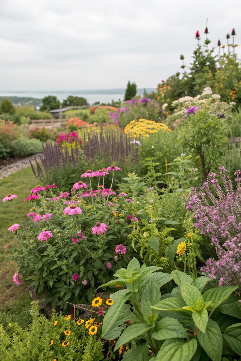 A harmonious blend of herbs and flowers offers beauty and utility.
