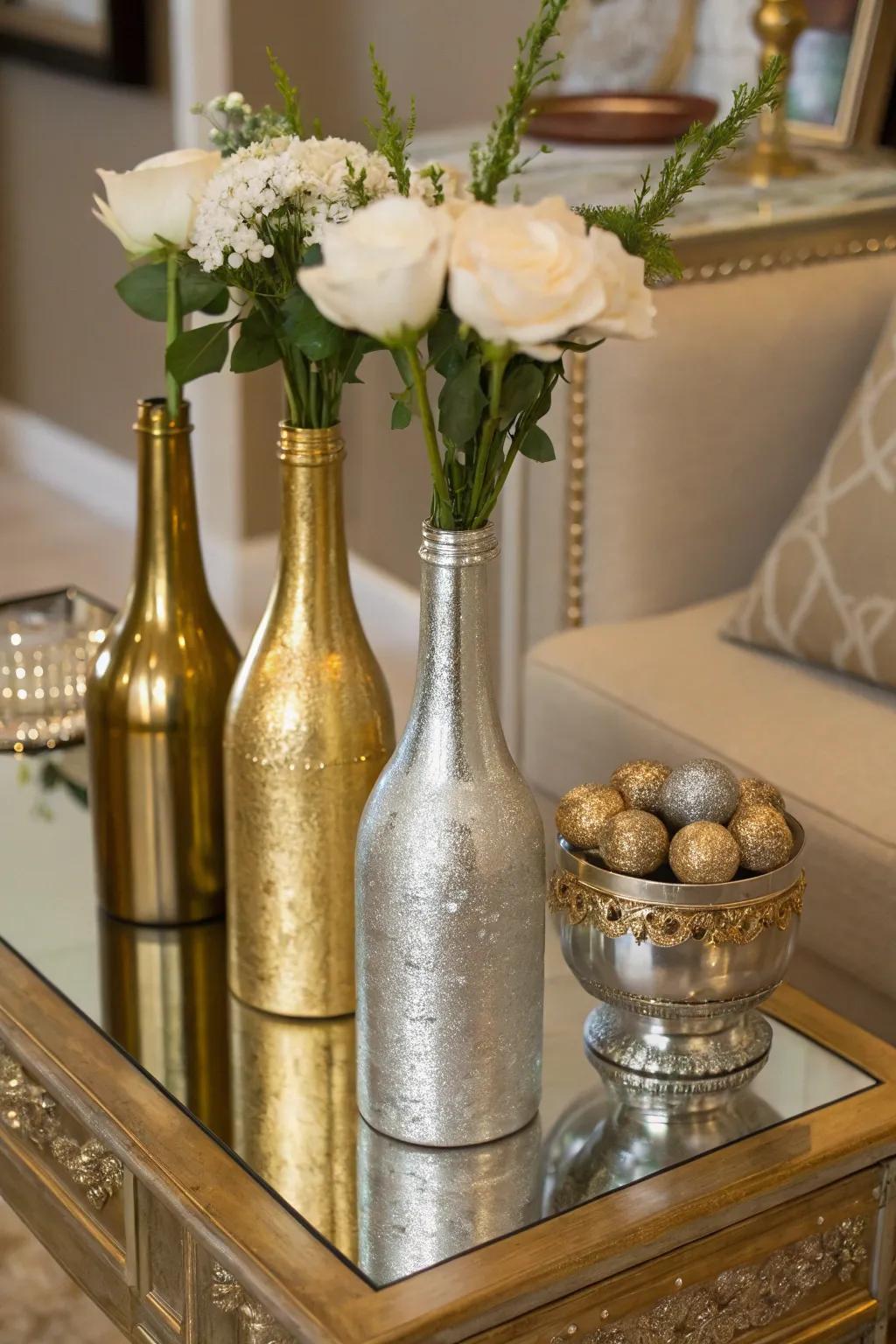 Add a hint of glamour to your décor with metal-toned painted bottle vases.
