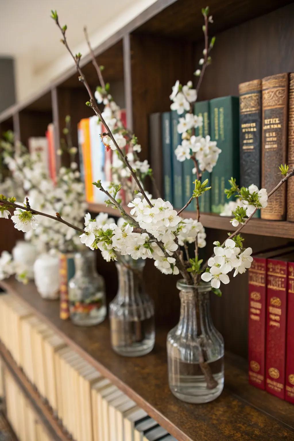Pale blossoms giving life to a bookshelf.