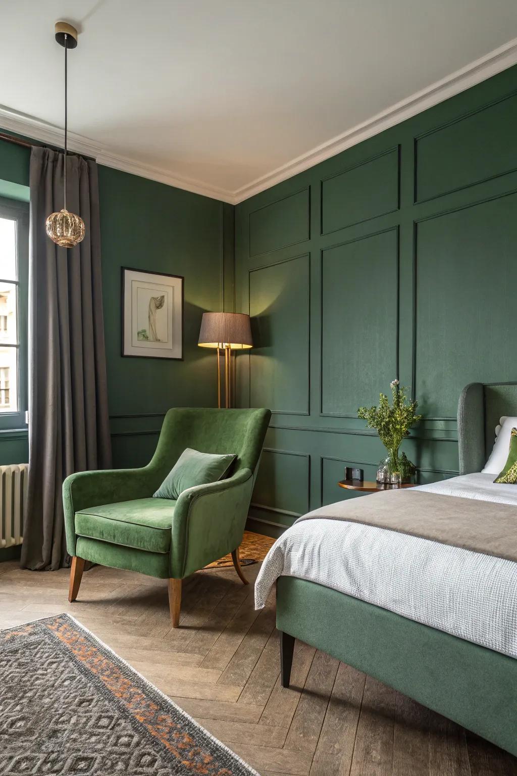 Accent furniture beautifully complements the forest green theme.
