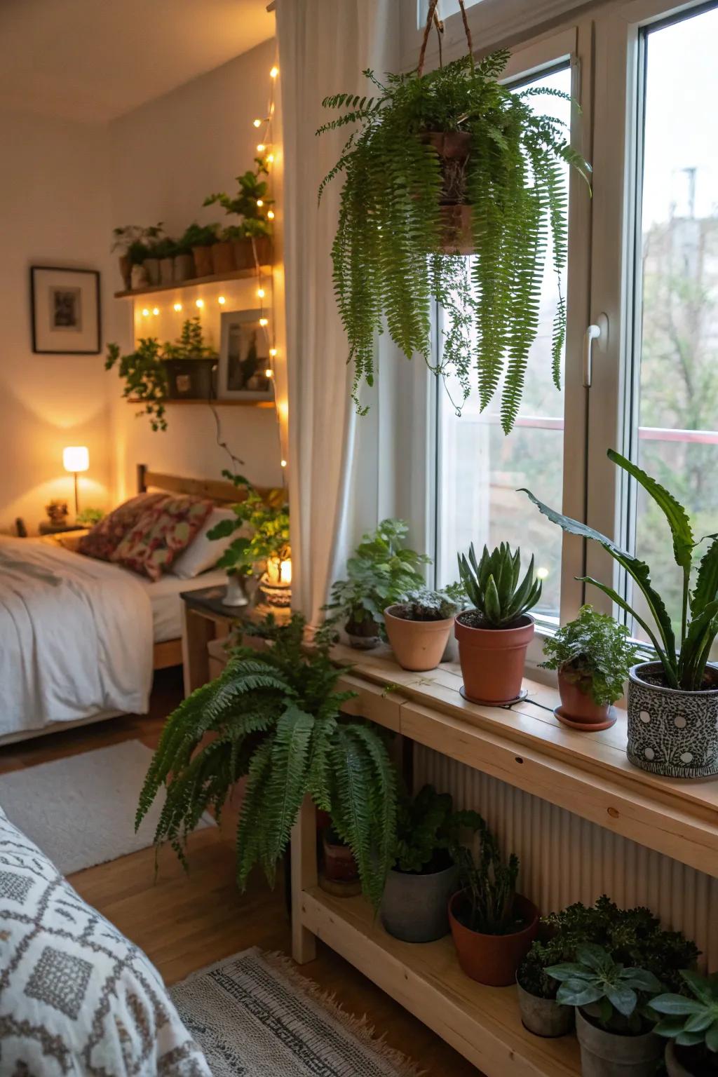 Indoor plants bring vitality and life to the design.