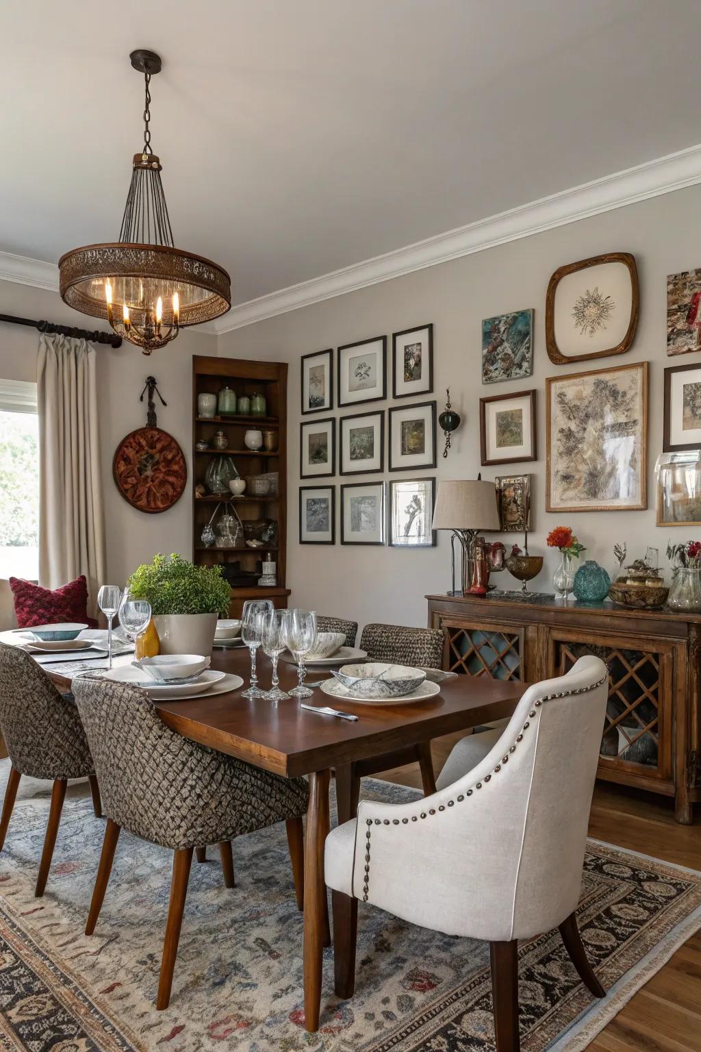 An eclectic mix of styles creates a dining space full of personality.
