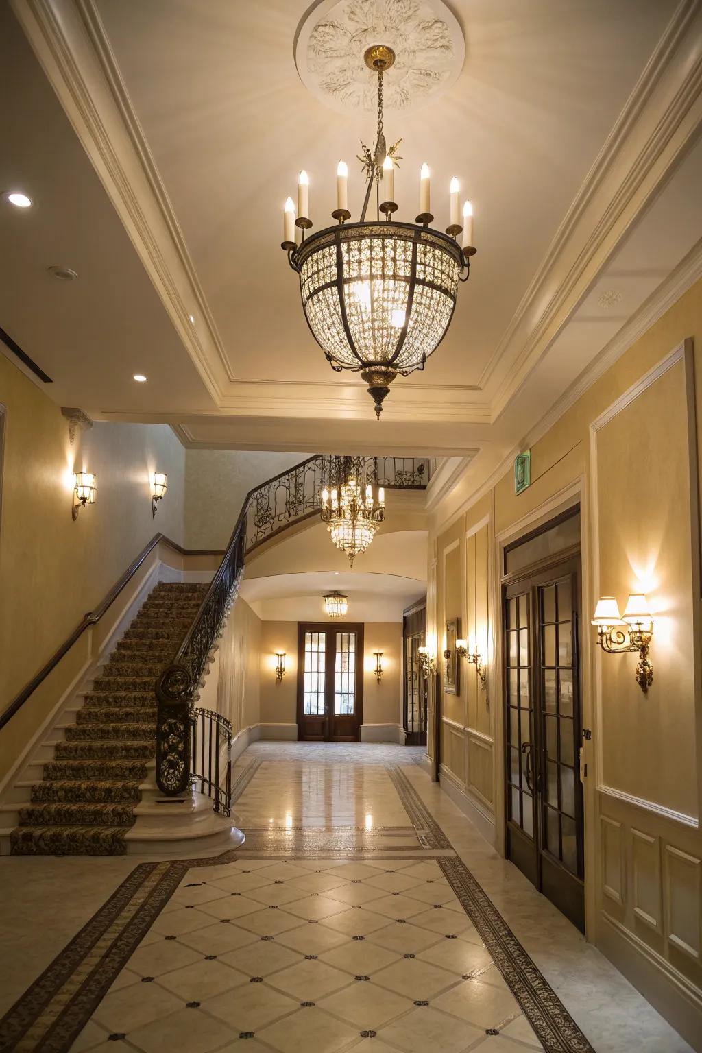 Tiered illumination with coordinating fixtures enhances this foyer's coziness.