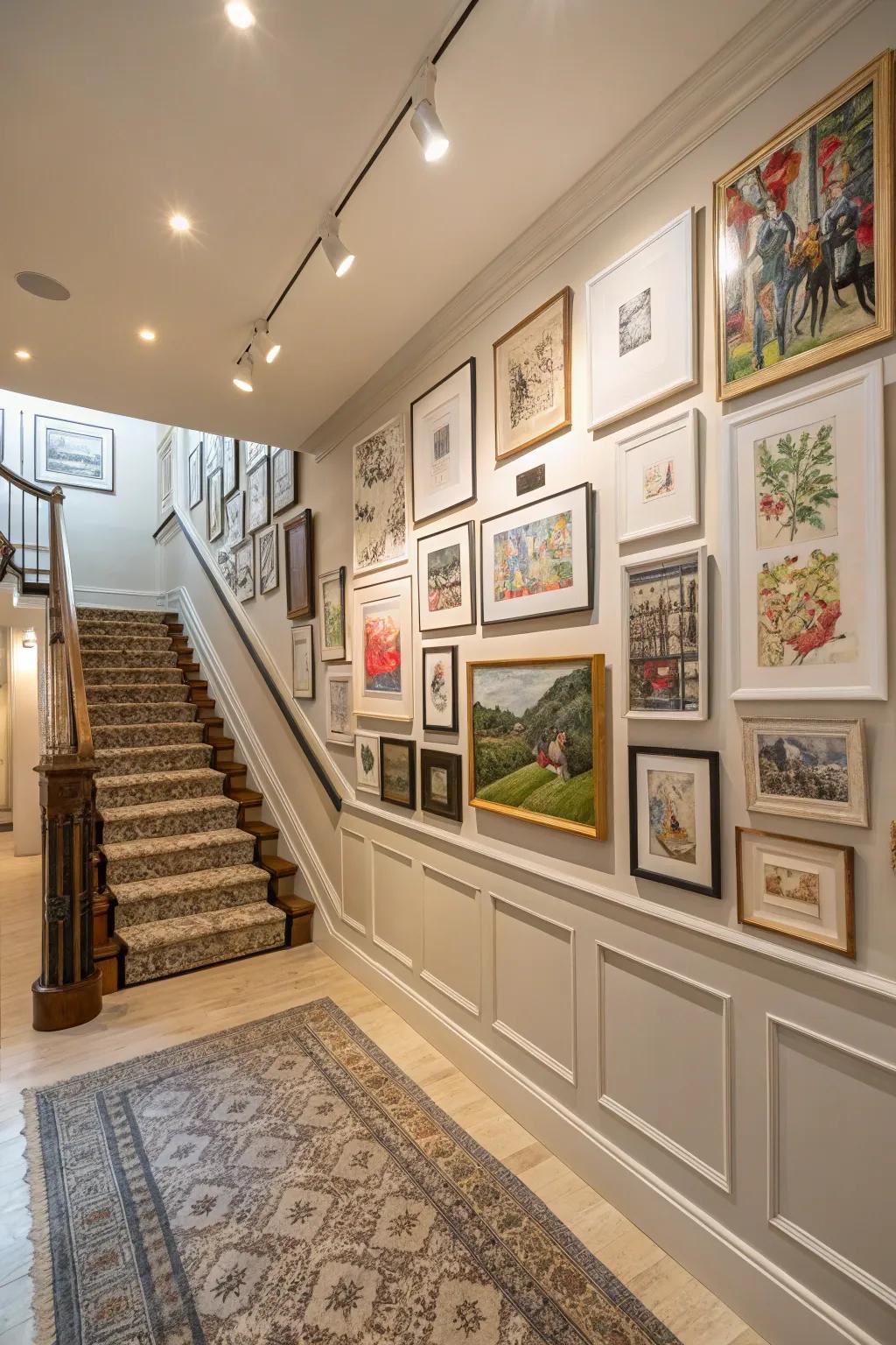 A curated photo wall brings personal charm to the foyer.