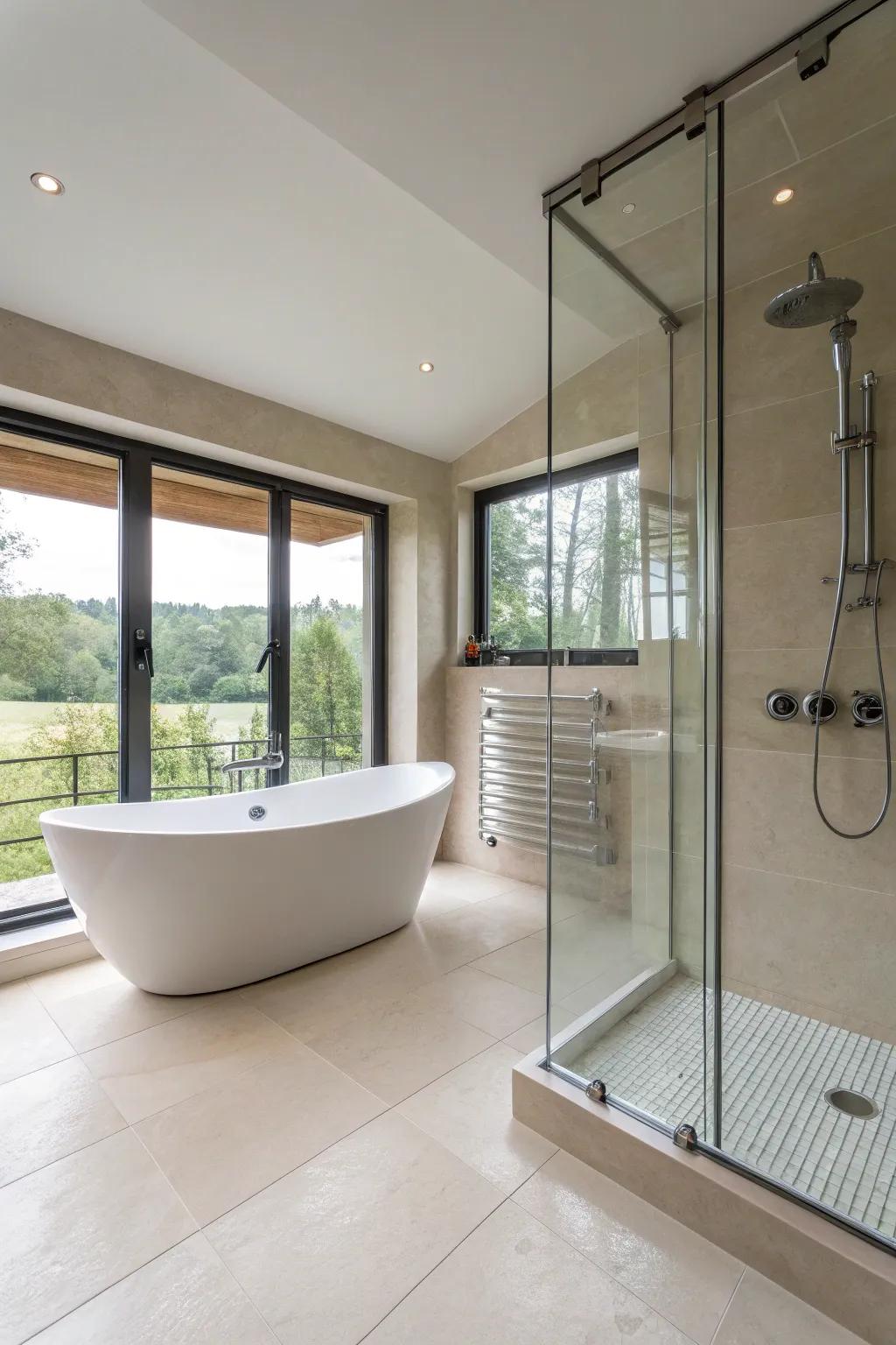 A streamlined wet chamber featuring a detached soaking tub and integrated shower.