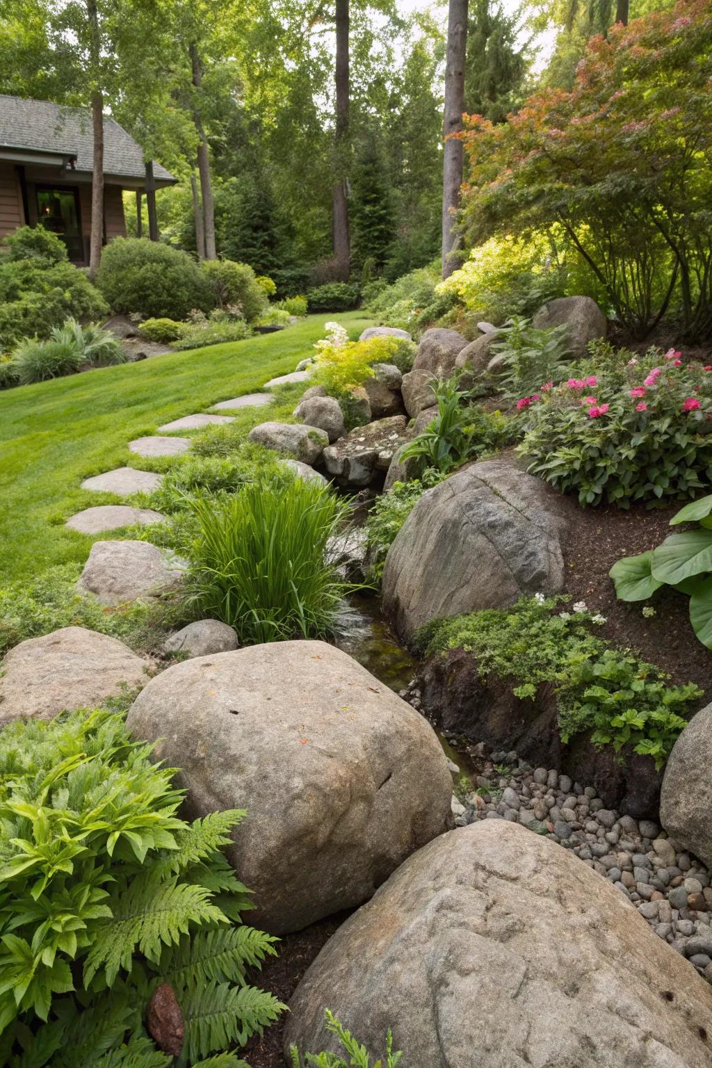 Boulders adding natural charm while concealing a French drain in a lush landscape.