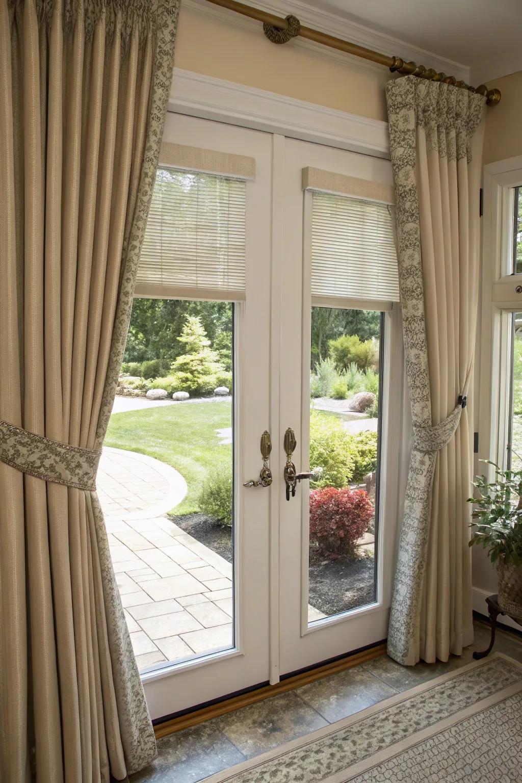 Curtains combined with shades for increased control over light and privacy.