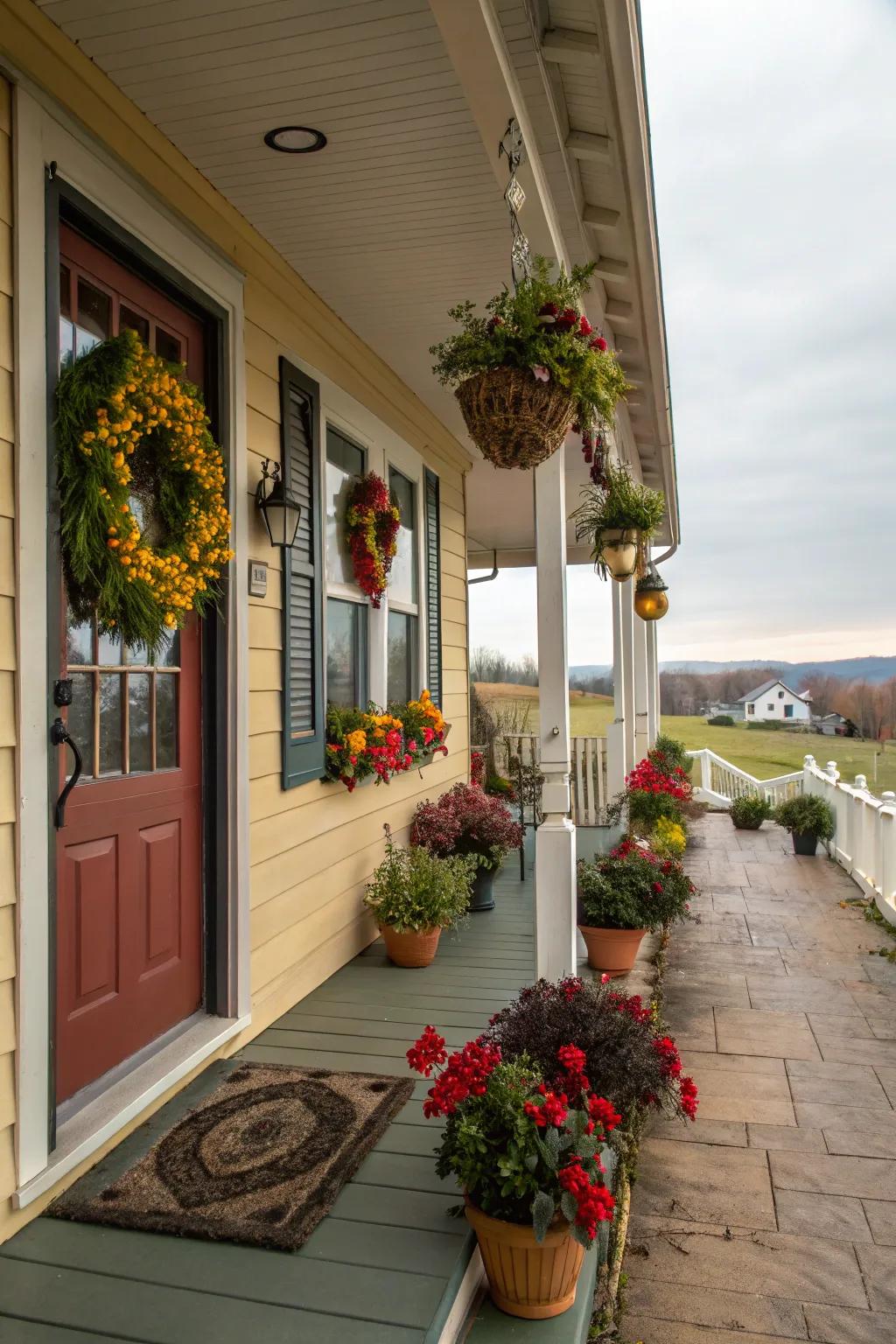 Front porch with vibrant seasonal decorations.