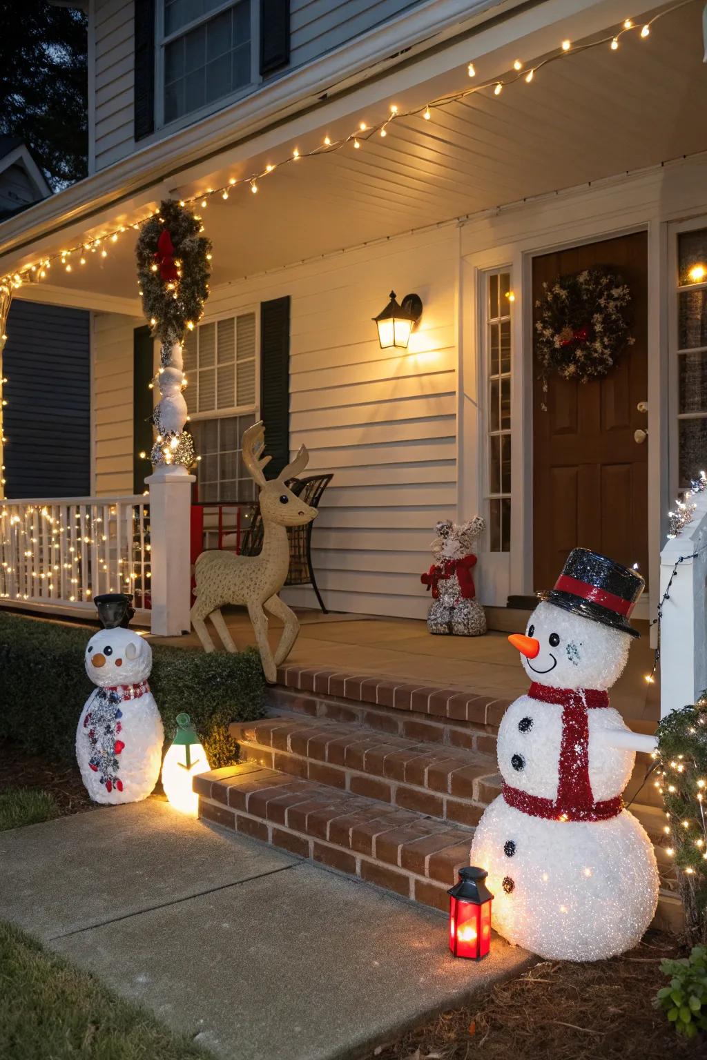Holiday figures bestow an amusing spirit upon your veranda.