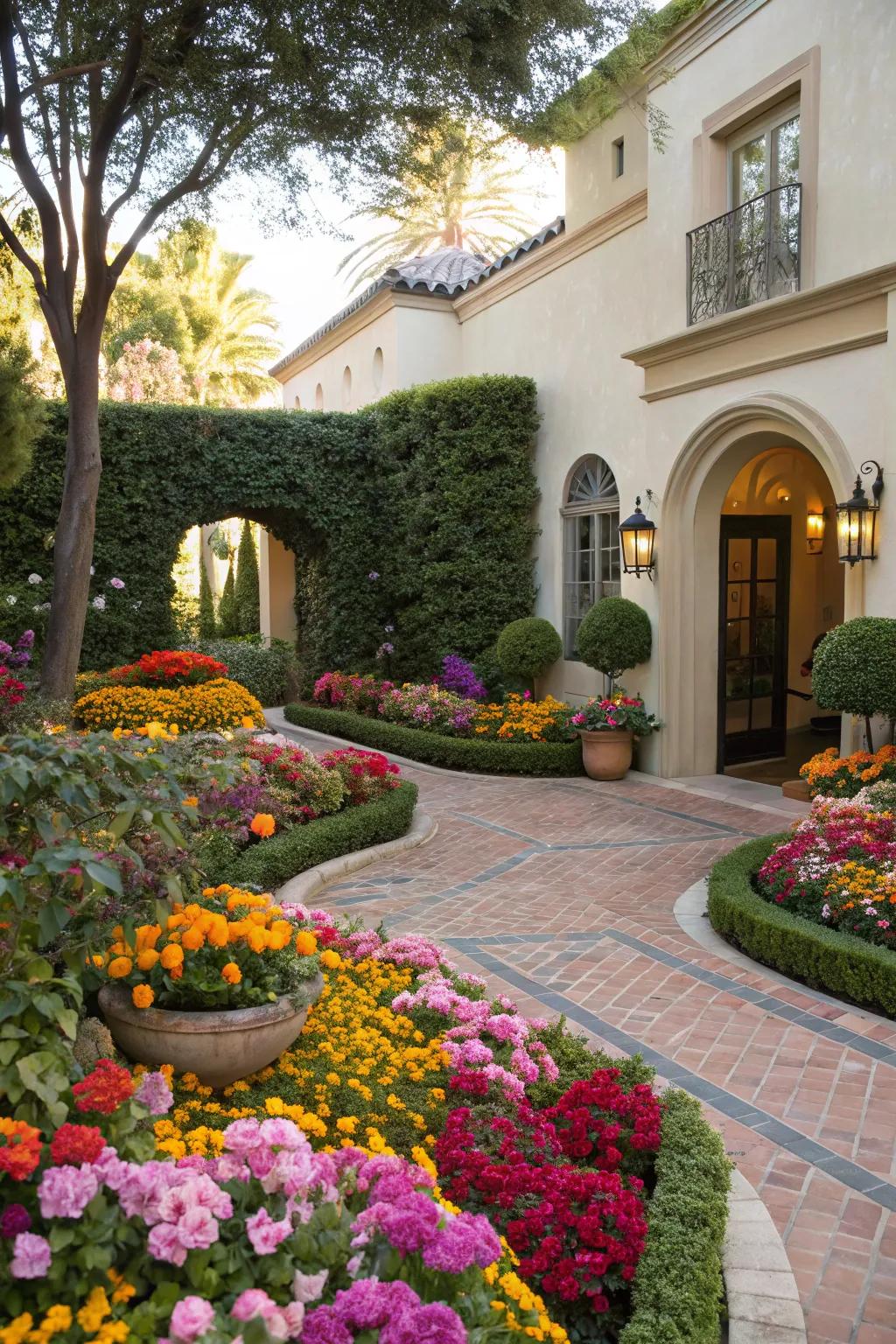 Seasonal blooms add vibrant color to the courtyard.