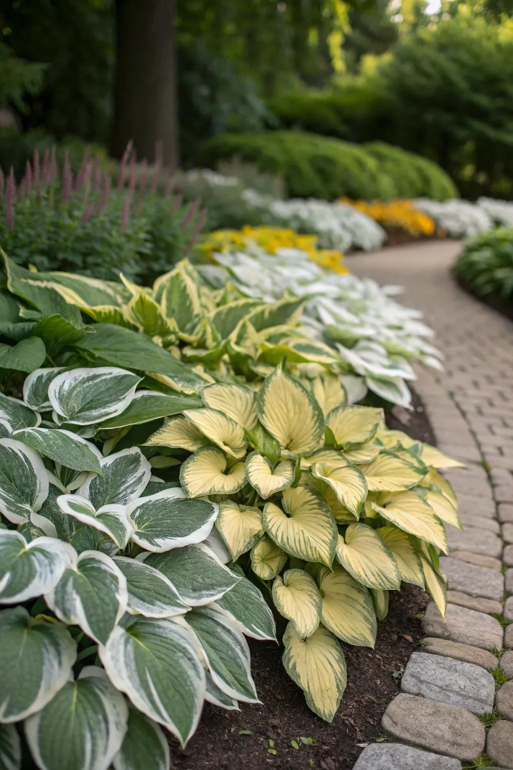 Mosaic planting using hostas produces a living work of art.