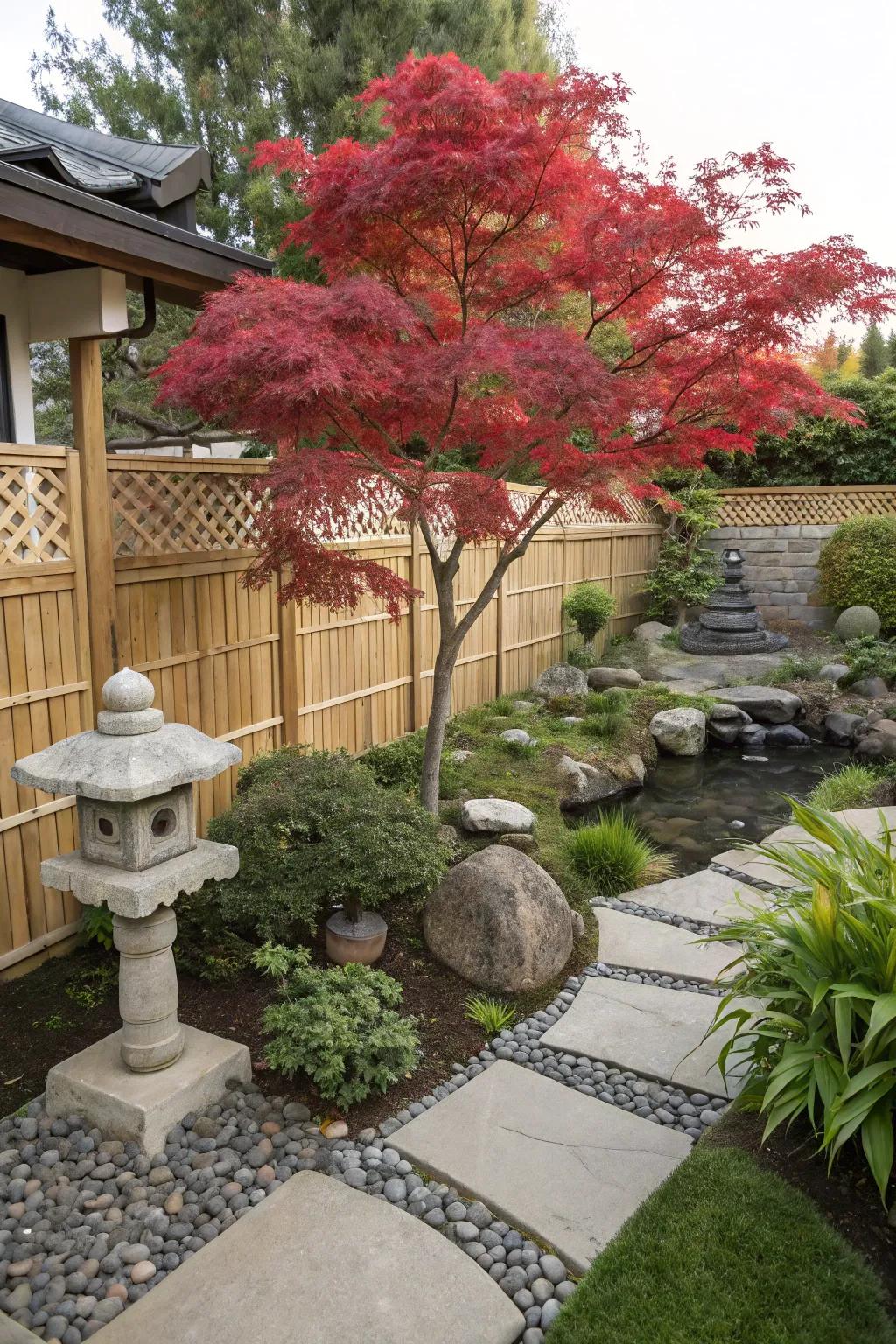 Featuring a Japanese maple, a garden with a Japanese design fosters a tranquil and harmonious atmosphere.