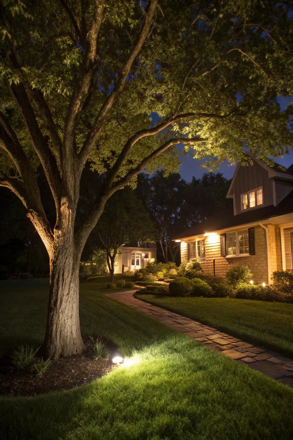 Scenic lighting highlights the tree and infuses a pleasant environment into your yard.