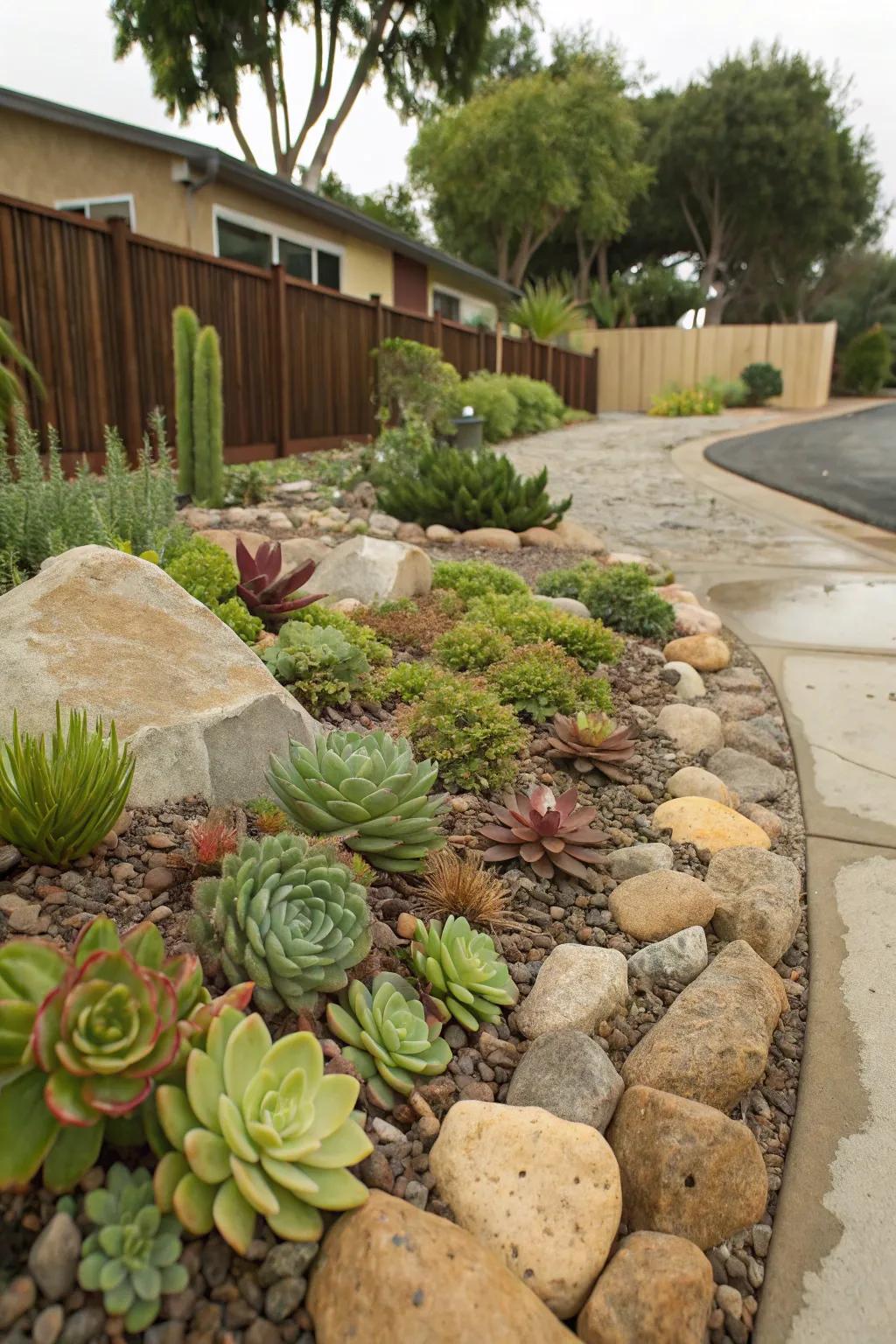 A stone garden adds texture and a unique visual element.