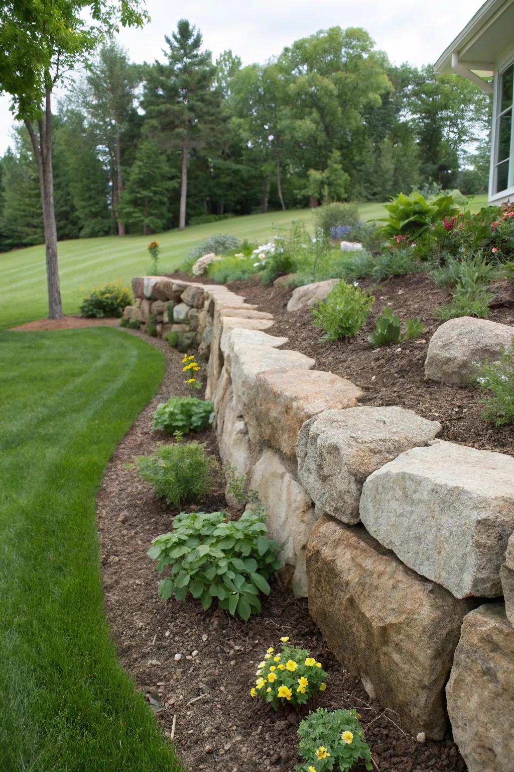 Boulders stack to craft a stunning natural retaining wall.