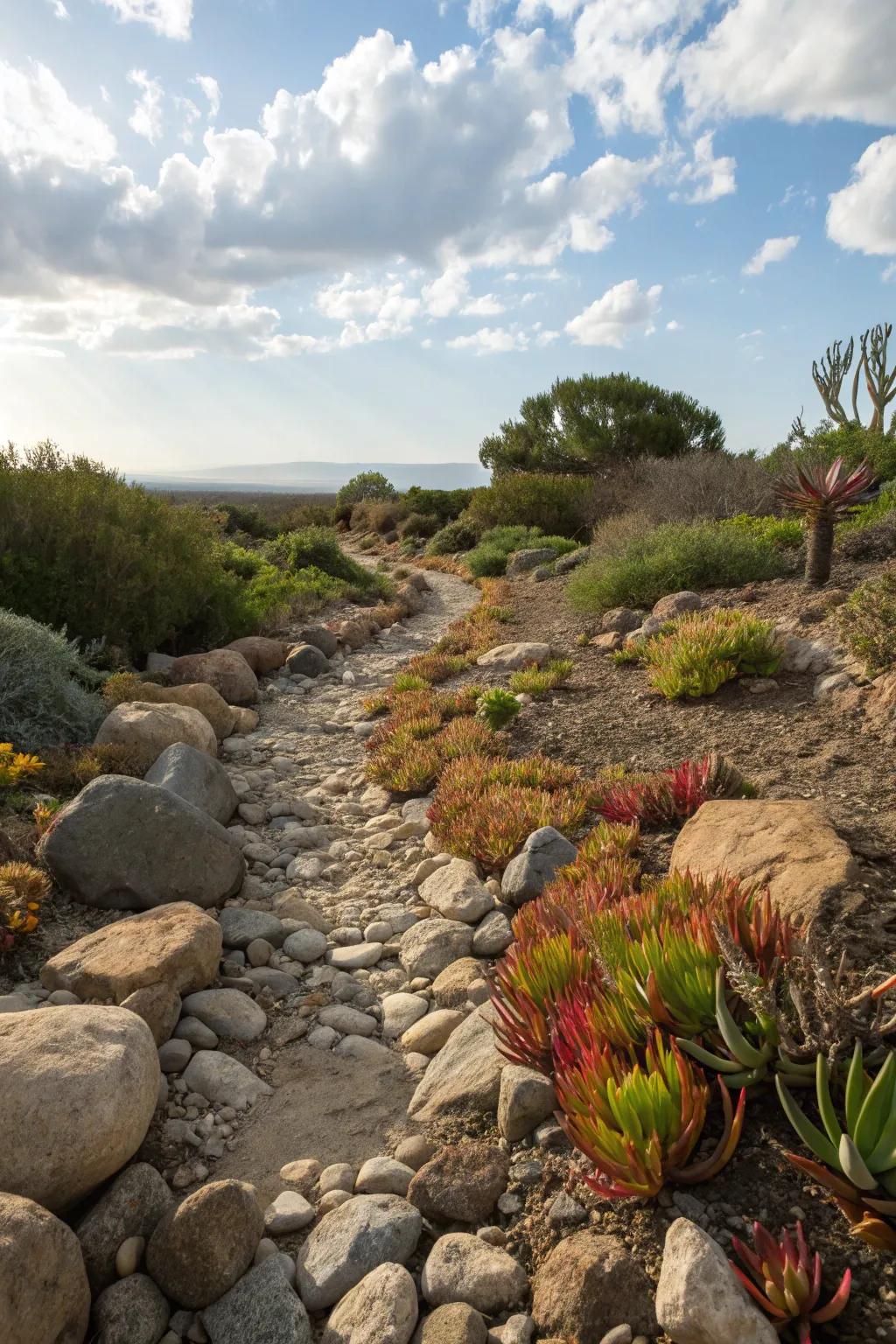 Arid creek beds inject movement into drought-suitable gardens.