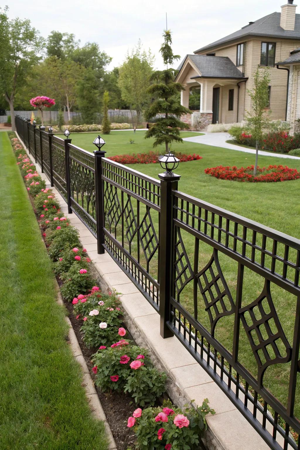 A metallic barrier with geometric patterns adding a modern touch.