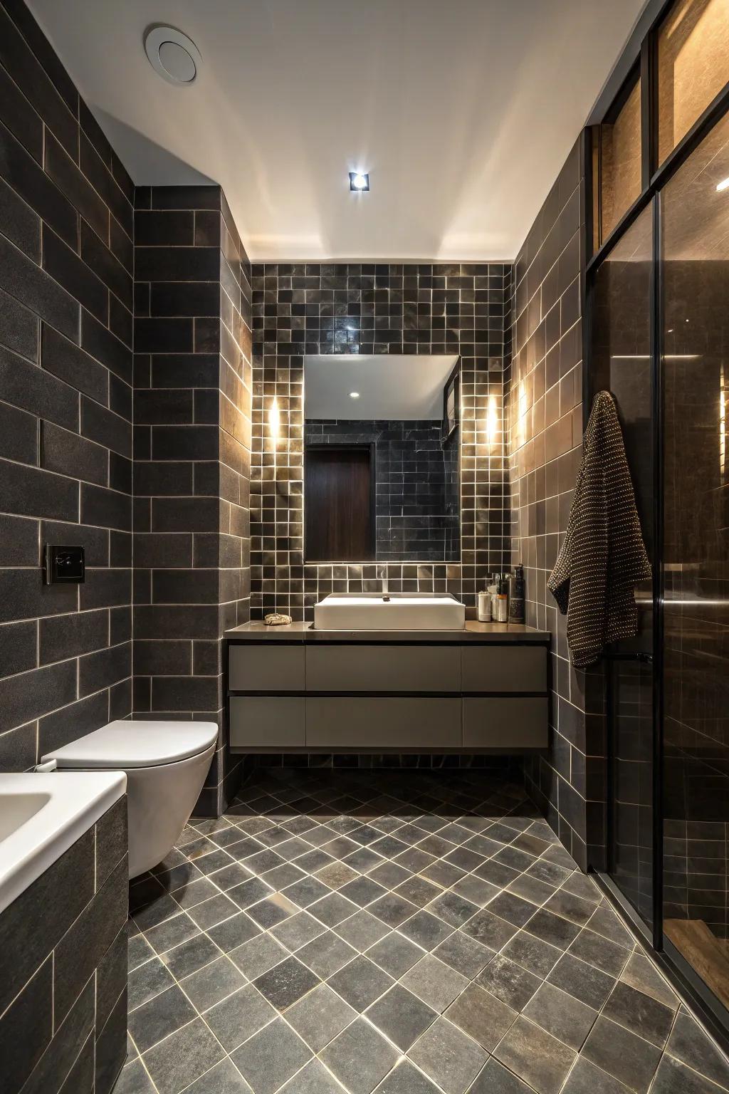 Floor-to-ceiling tiles create a dramatic, cohesive look.