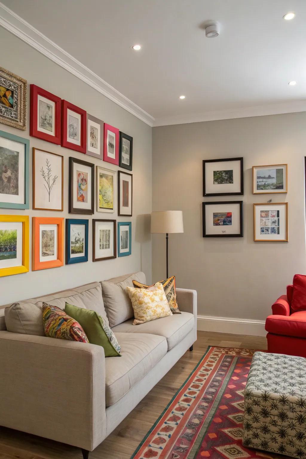 Color pop with bold frames adding vibrancy to a neutral space.