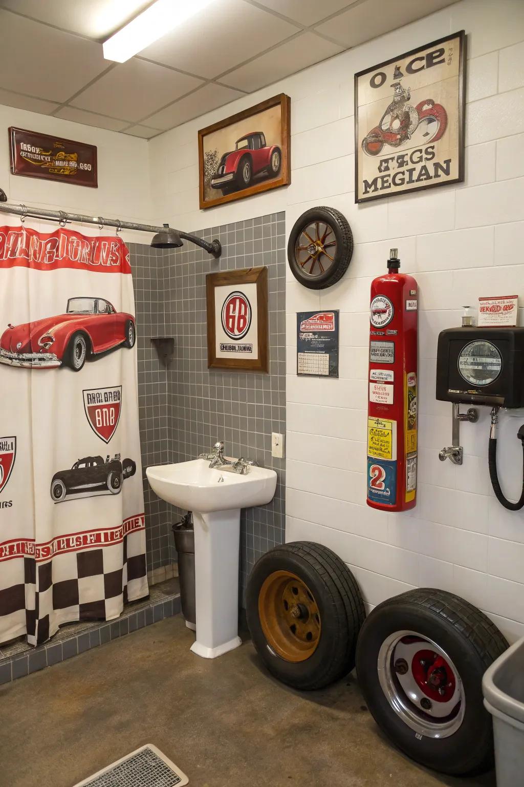 Automotive-themed decor gives a playful nod to your garage's origins.