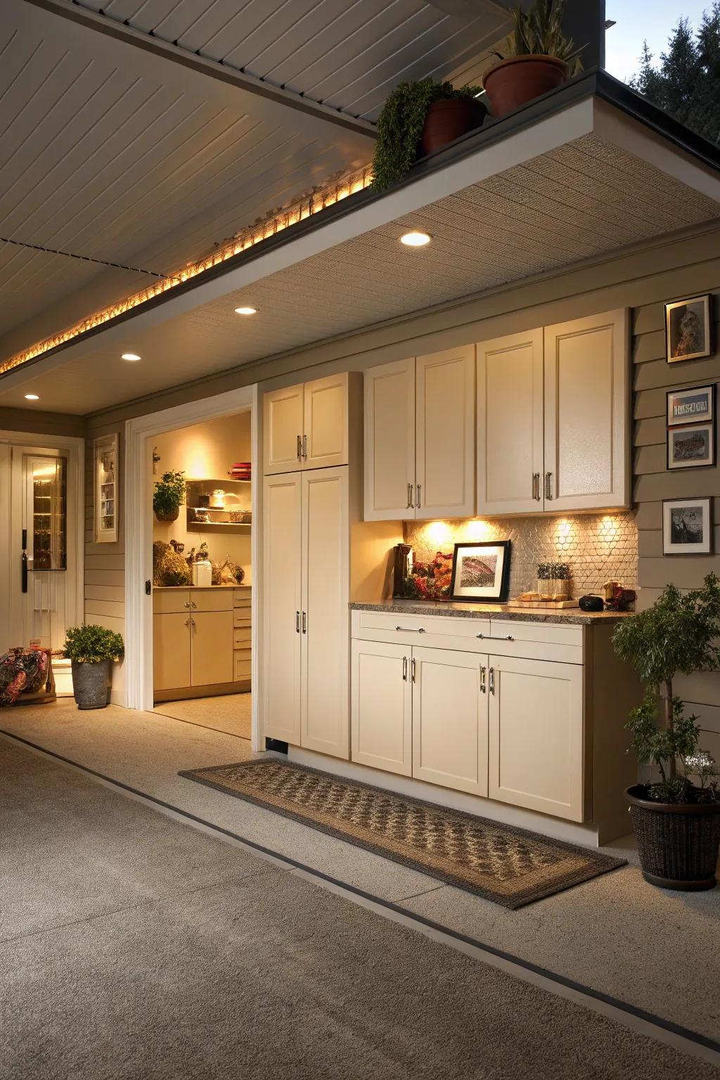 Oat cabinets offer a warm, neutral foundation.
