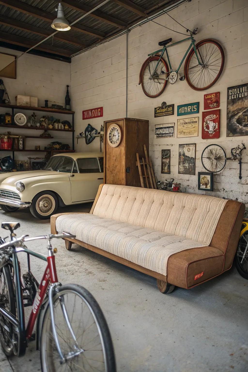 A retro futon unites vintage allure with contemporary functionality.