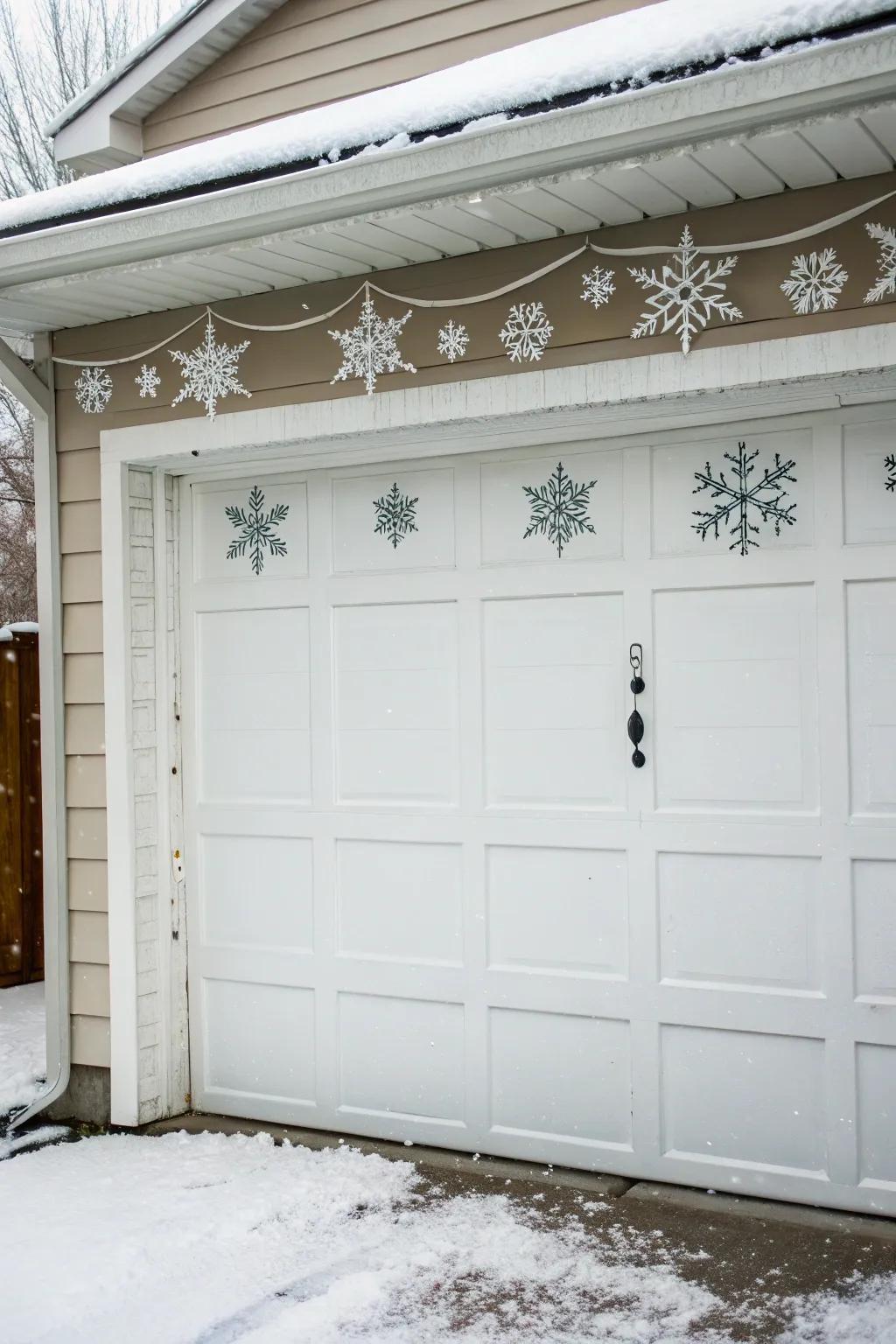 Garage door transformed into a snowy winter wonderland.