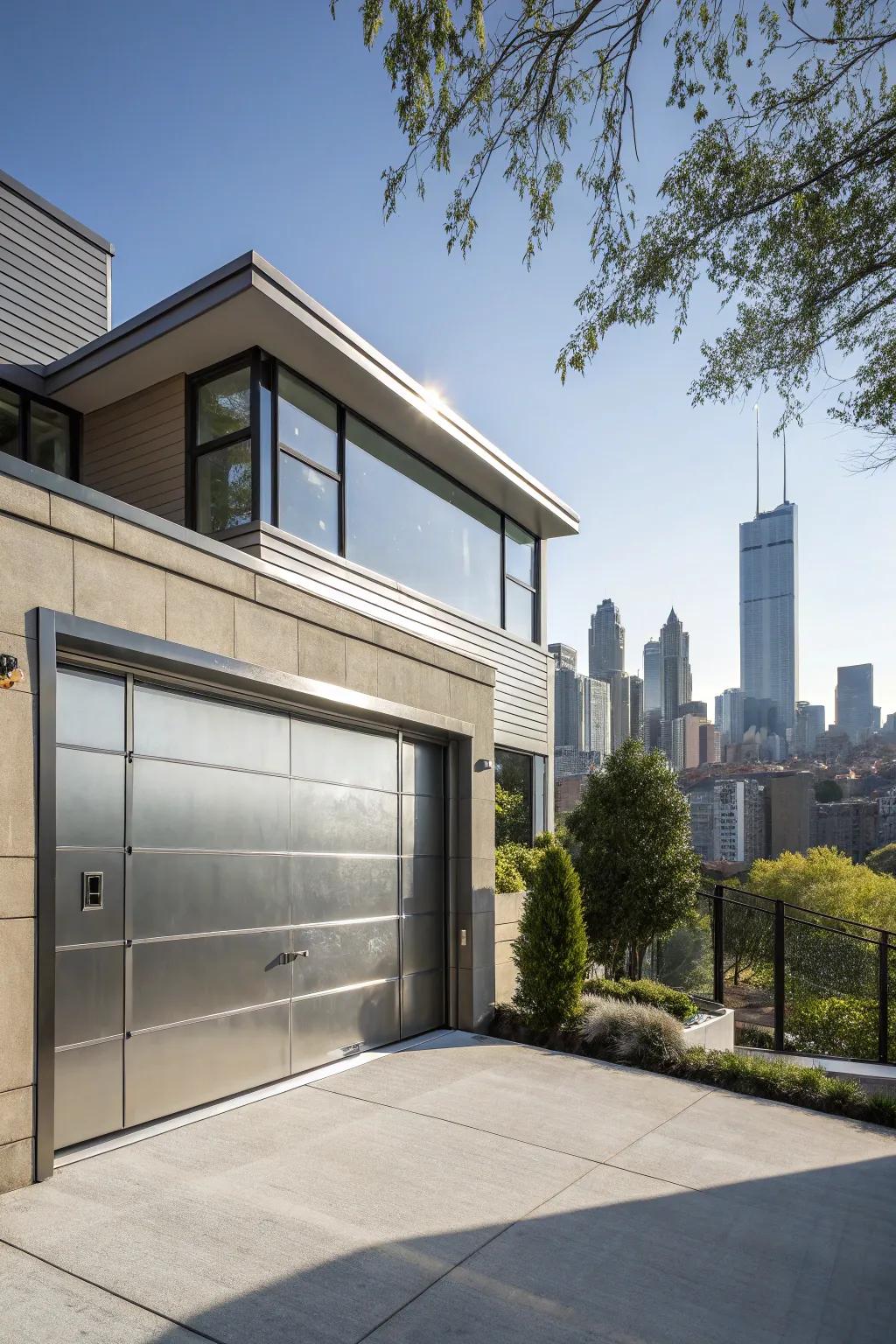 Modern metallic garage entrances provide a sleek and elegant finish.