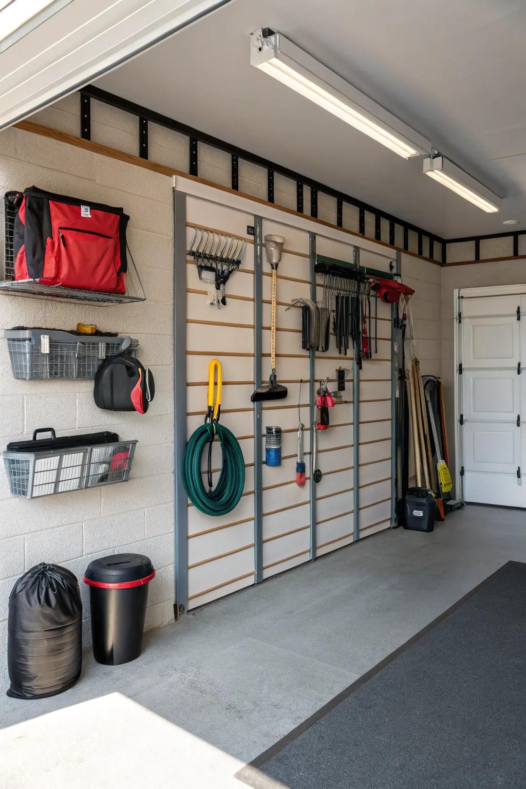 Slat walls offer adaptable storage options for a tidy garage.