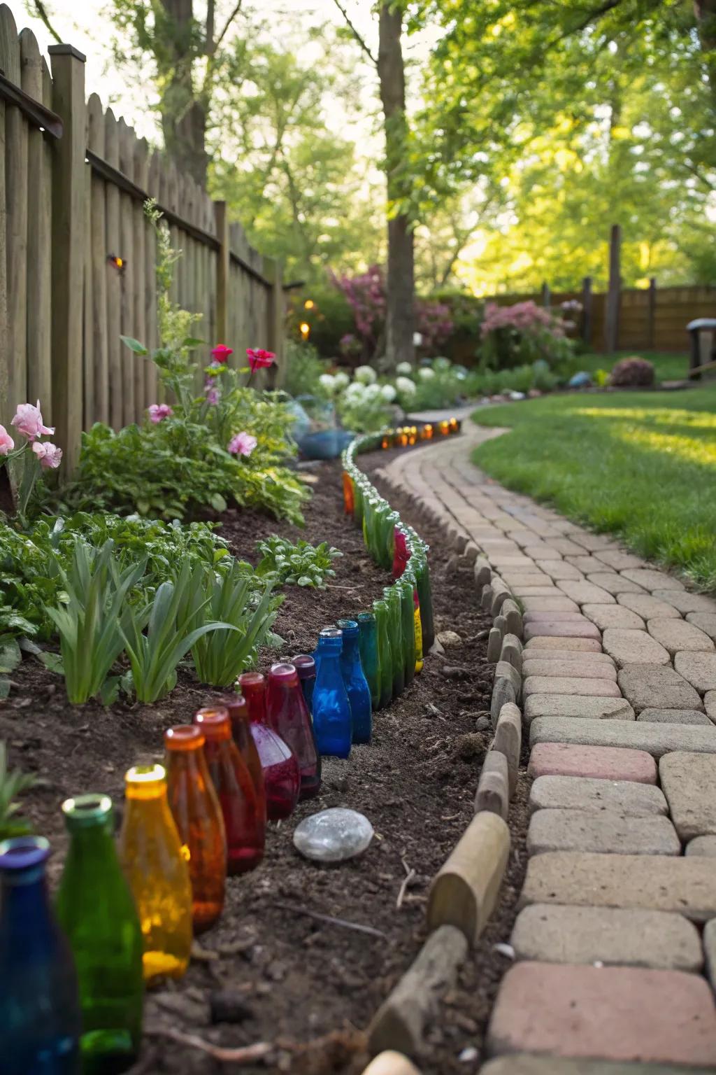 Glass bottle borders bring a festive, unique touch to gardens.