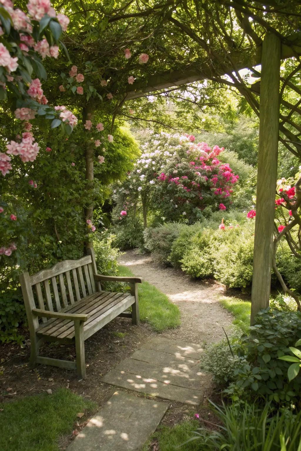 A tucked-away garden nook showcasing a seat hidden behind lush flowering shrubs.