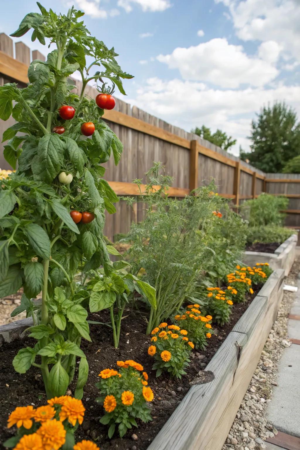 A partner planting garden featuring tomatoes, basil, and marigolds.