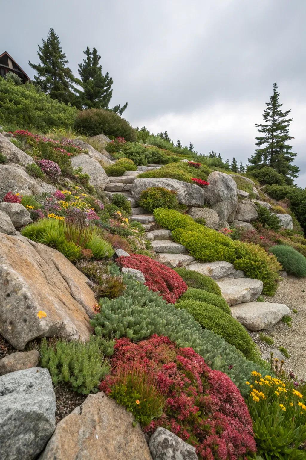 Rock gardens create beautiful, low-water landscapes on slopes.