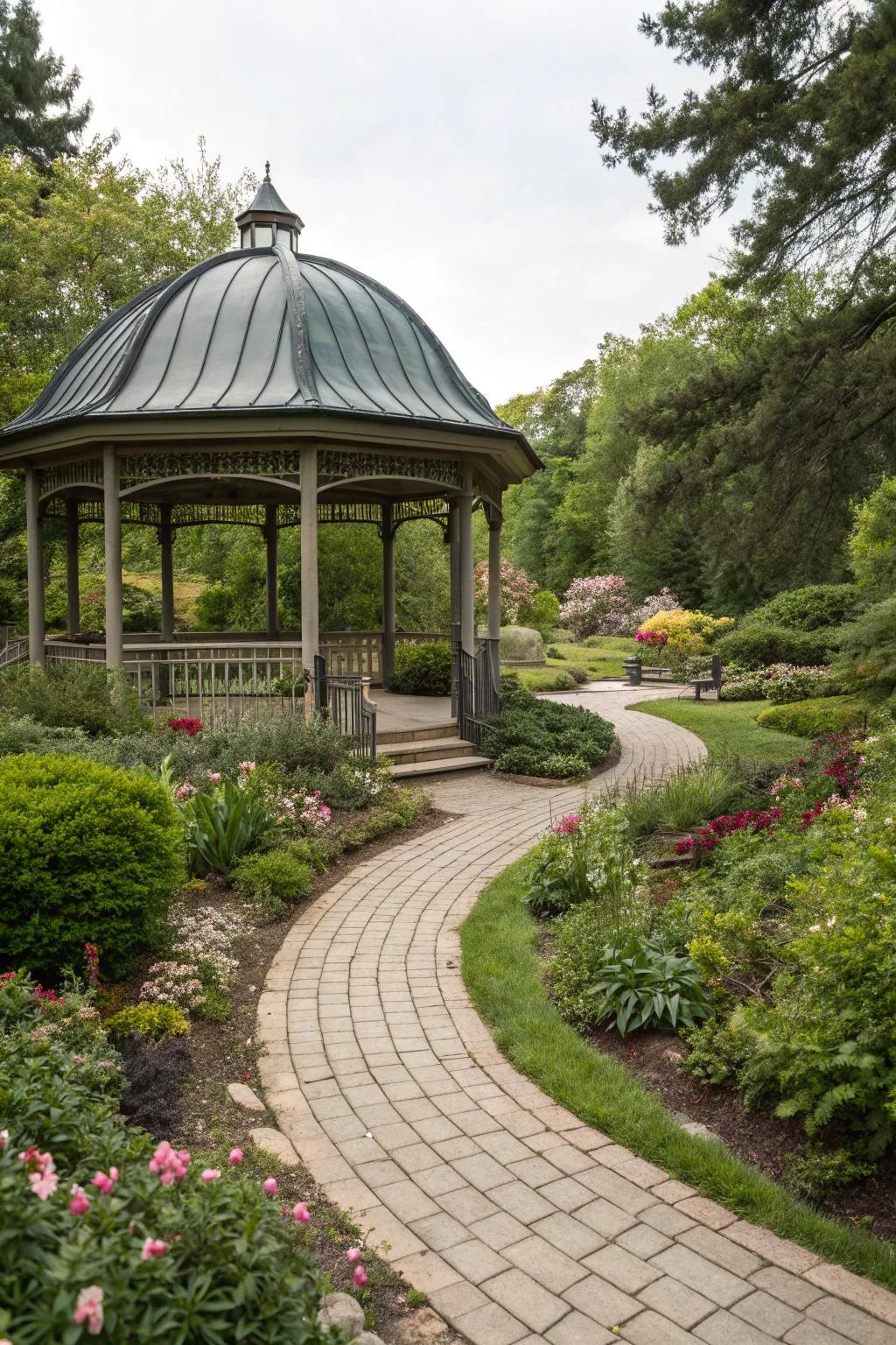 A gazebo with a curved roof, mirroring the garden's natural flow.