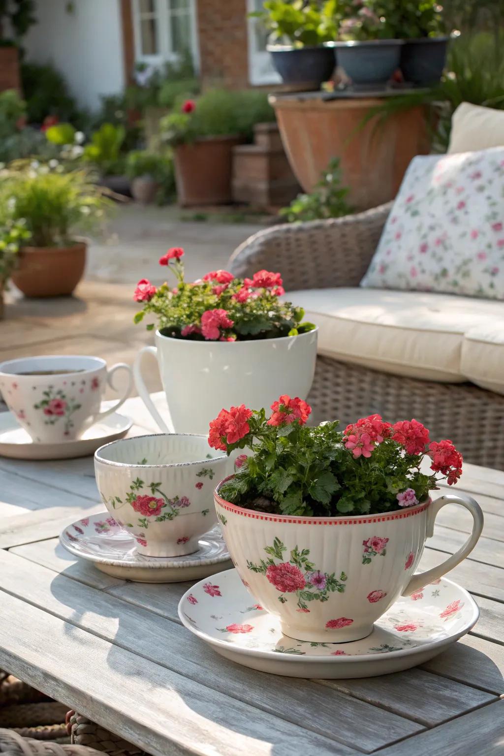 Captivating miniature sunbeam blooms planted inside oversized teacups, adding whimsy to a patio table.