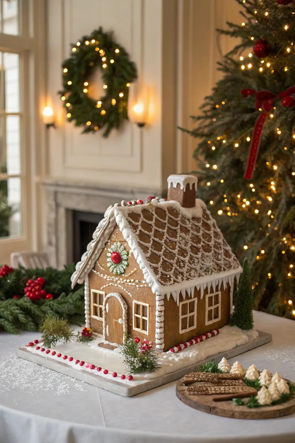 A caramel-tiled covering atop a gingerbread dwelling.