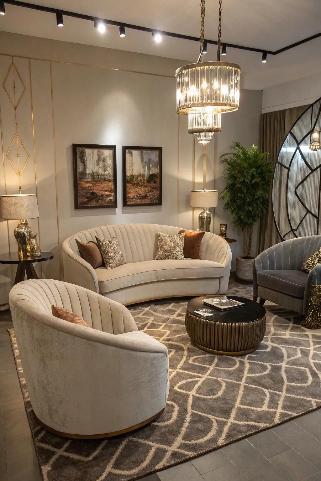 A relaxed living room with rounded furniture enhancing elegance.