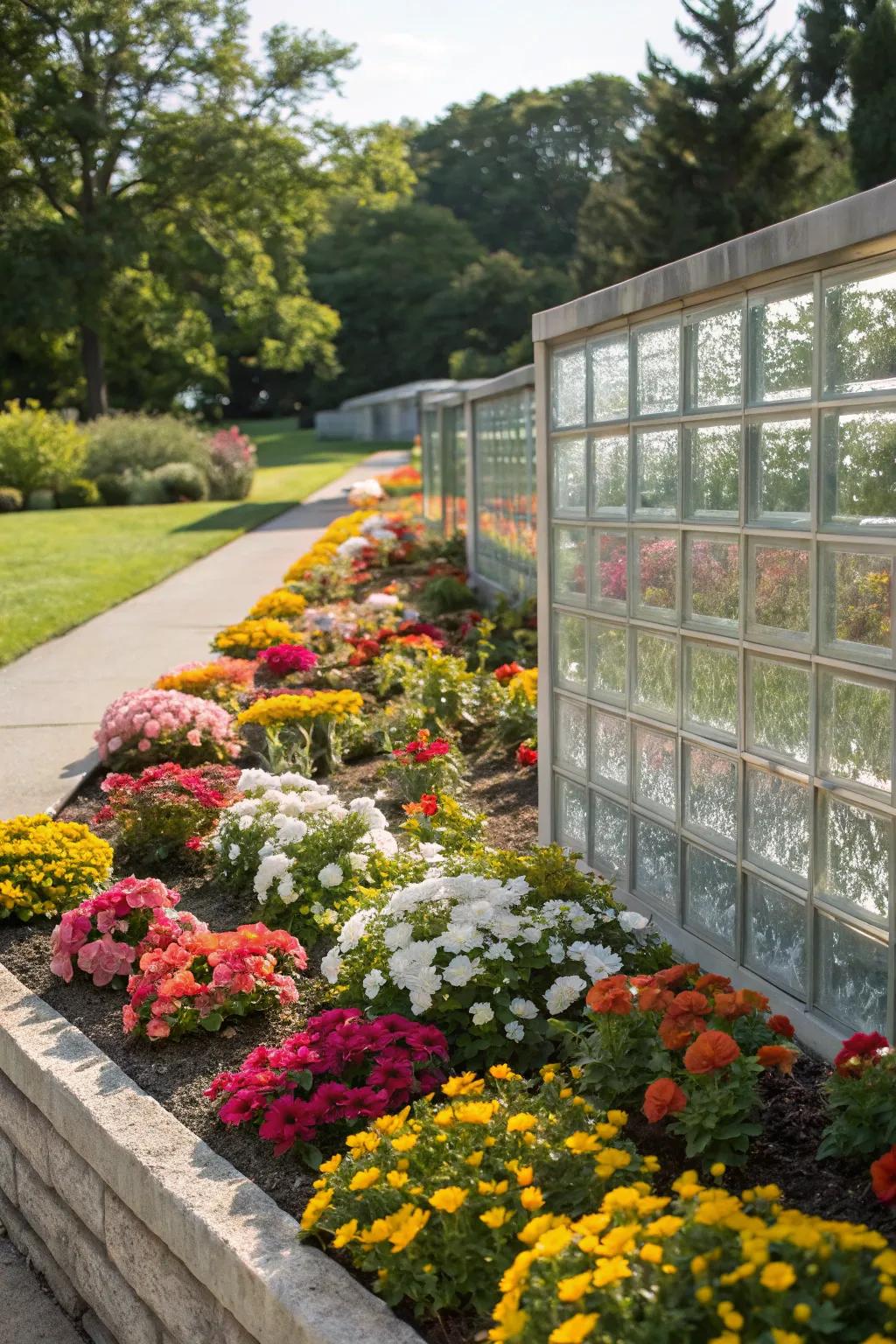 Glass tiles employed as graceful edges within garden patches.